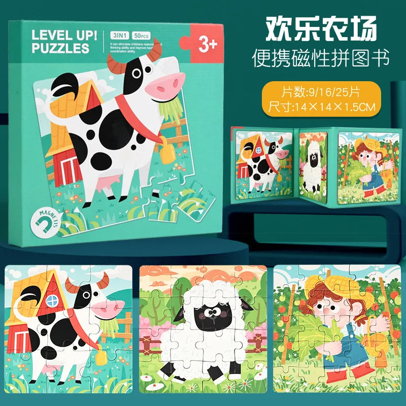 Children Early Education Wooden Puzzle Toy 3-in-1 Level up Puzzles Paper Cardboard Book Kids Montessori Jigsaw Puzzle Toy